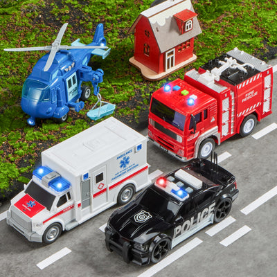 JOYIN 4er Pack Reibungsgetriebenes City Hero Spielzeug mit Feuerwehrauto, Krankenwagen, Polizeiauto und Hubschrauber-Einsatzfahrzeugen mit Licht und Ton, Geschenk für Kinder Jungen