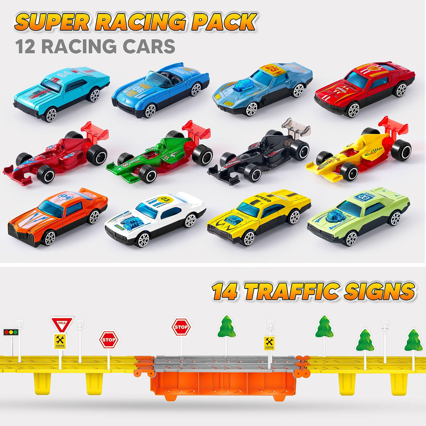 JOYIN Transporter Truck Spielzeugautos für Jungen ab 3 4 5 6-12 Leichtmetall Rennautos mit 2 Werfern, Tragbares Rennbahn Truck Spielzeugauto mit Lichtern und Sound, LKW Spielzeug Set für Kinder 3+