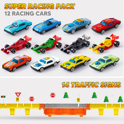 JOYIN Transporter Truck Spielzeugautos für Jungen ab 3 4 5 6-12 Leichtmetall Rennautos mit 2 Werfern, Tragbares Rennbahn Truck Spielzeugauto mit Lichtern und Sound, LKW Spielzeug Set für Kinder 3+