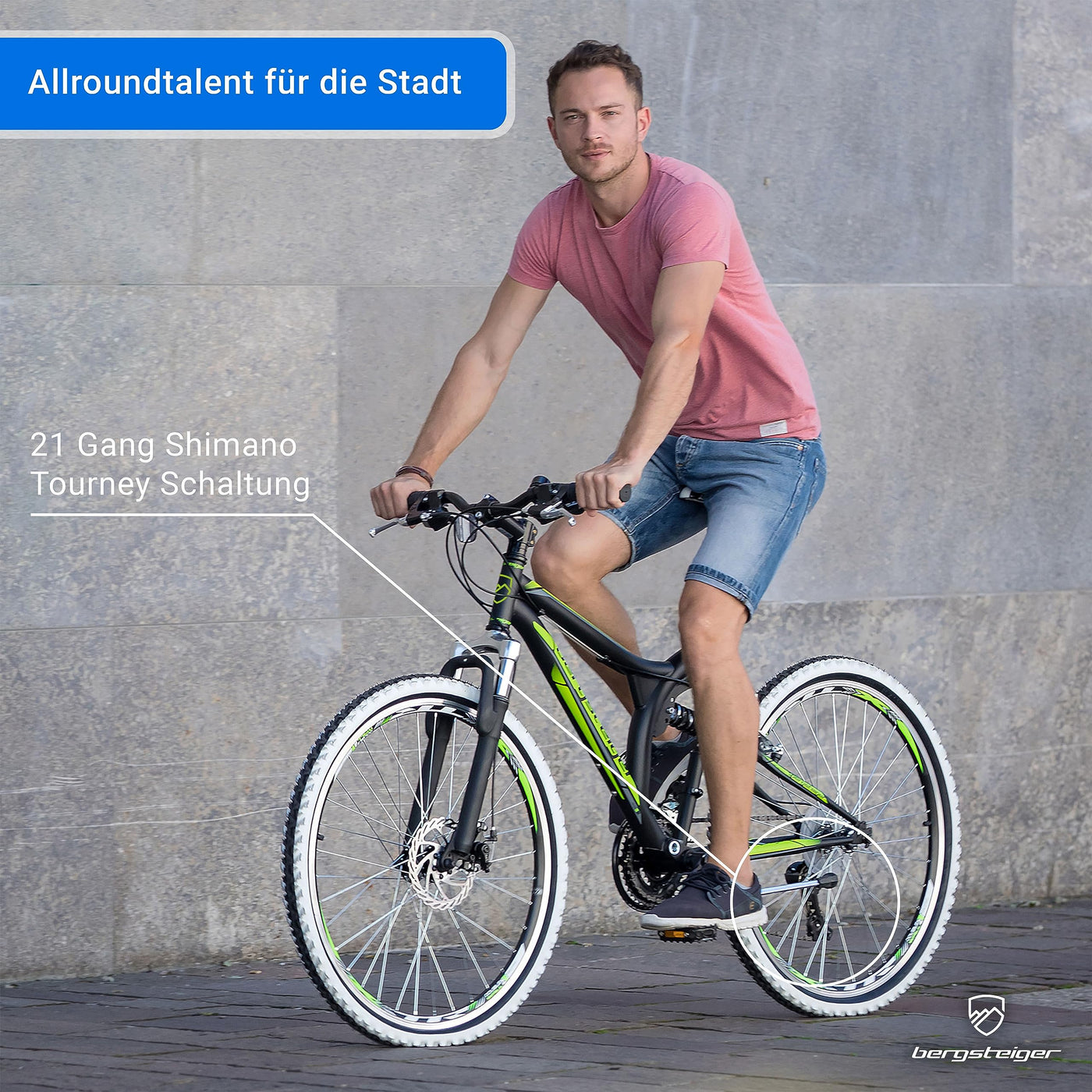 Bergsteiger Phoenix 26 Zoll Mountainbike, geeignet ab 160 cm, Scheibenbremse, Licht, Schutzblech, 21 Gang-Schaltung, Vollfederung