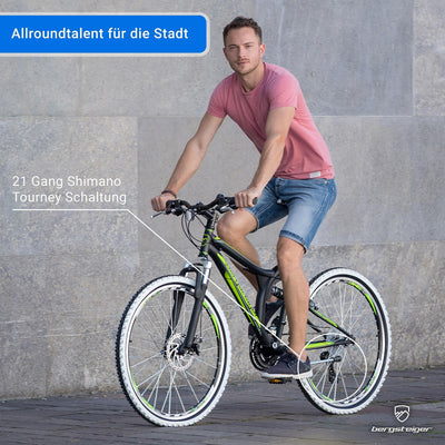 Bergsteiger Phoenix 26 Zoll Mountainbike, geeignet ab 160 cm, Scheibenbremse, Licht, Schutzblech, 21 Gang-Schaltung, Vollfederung