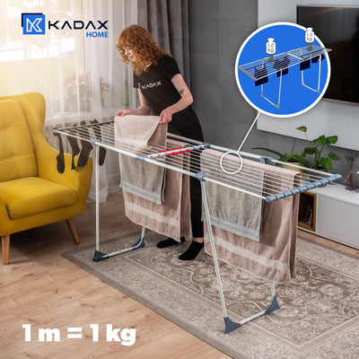 KADAX Teleskop Wäscheständer mit 20m Trockenleinenlänge, ausziehbarer Wäschetrockner für Bettwäsche, großer Flügelwäscheständer aus pulverbeschichteten Stahl (Grau)