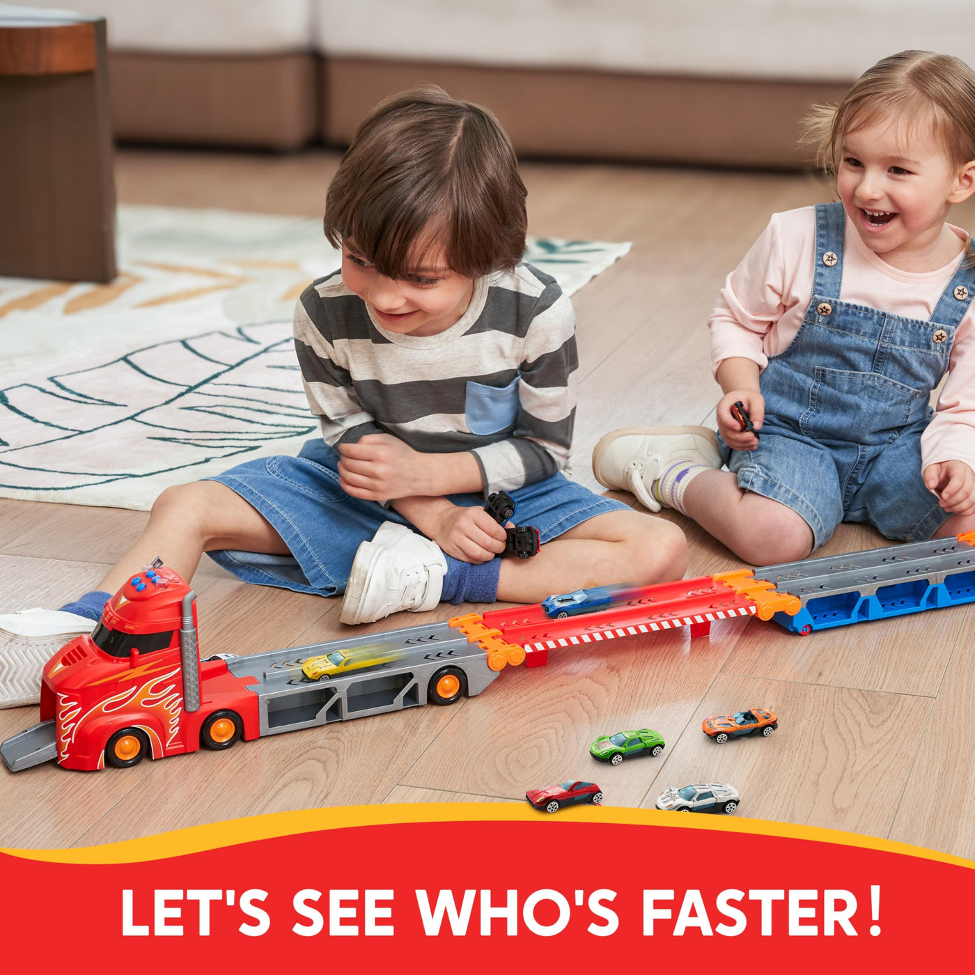 SYNCFUN Transport Renn Truck Spielzeugautos,riesiges Rennstrecken Truck Spielzeug,faltbares Set mit 12 Metallautos,Lichtern und Geräuschen,Geschenk für 3,4,5,6 und 7jährige Jungen und Mädchen