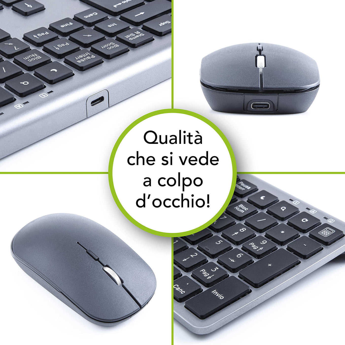 HomiTech Kabelloses Tastatur- und Maus-Set mit integriertem wiederaufladbarem Akku, kabellos, für Computer, PC, Tablet, kompatibel mit Windows Android Mac 16 Multimedia-Tasten, hohe Präzision, leise,