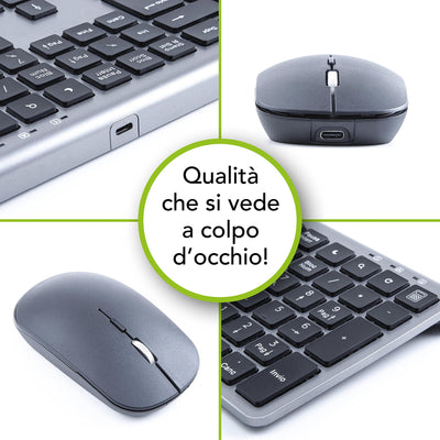 HomiTech Kabelloses Tastatur- und Maus-Set mit integriertem wiederaufladbarem Akku, kabellos, für Computer, PC, Tablet, kompatibel mit Windows Android Mac 16 Multimedia-Tasten, hohe Präzision, leise,