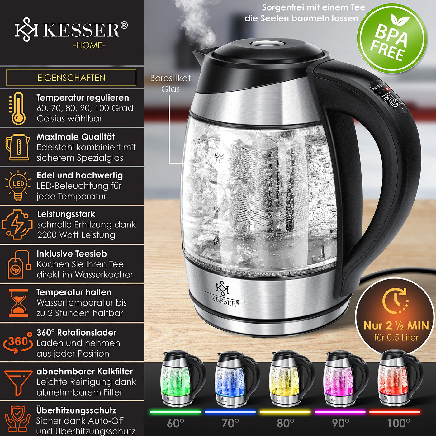 KESSER® Wasserkocher 1,8L Edelstahl mit LED Beleuchtung-Farbe je nach Temperaturwahl 60, 70, 80, 90, 100 °C | Glaswasserkocher ink. Teesieb-Einsatz und Kalk-Filter | Warmhaltefunktion