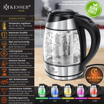 KESSER® Wasserkocher 1,8L Edelstahl mit LED Beleuchtung-Farbe je nach Temperaturwahl 60, 70, 80, 90, 100 °C | Glaswasserkocher ink. Teesieb-Einsatz und Kalk-Filter | Warmhaltefunktion