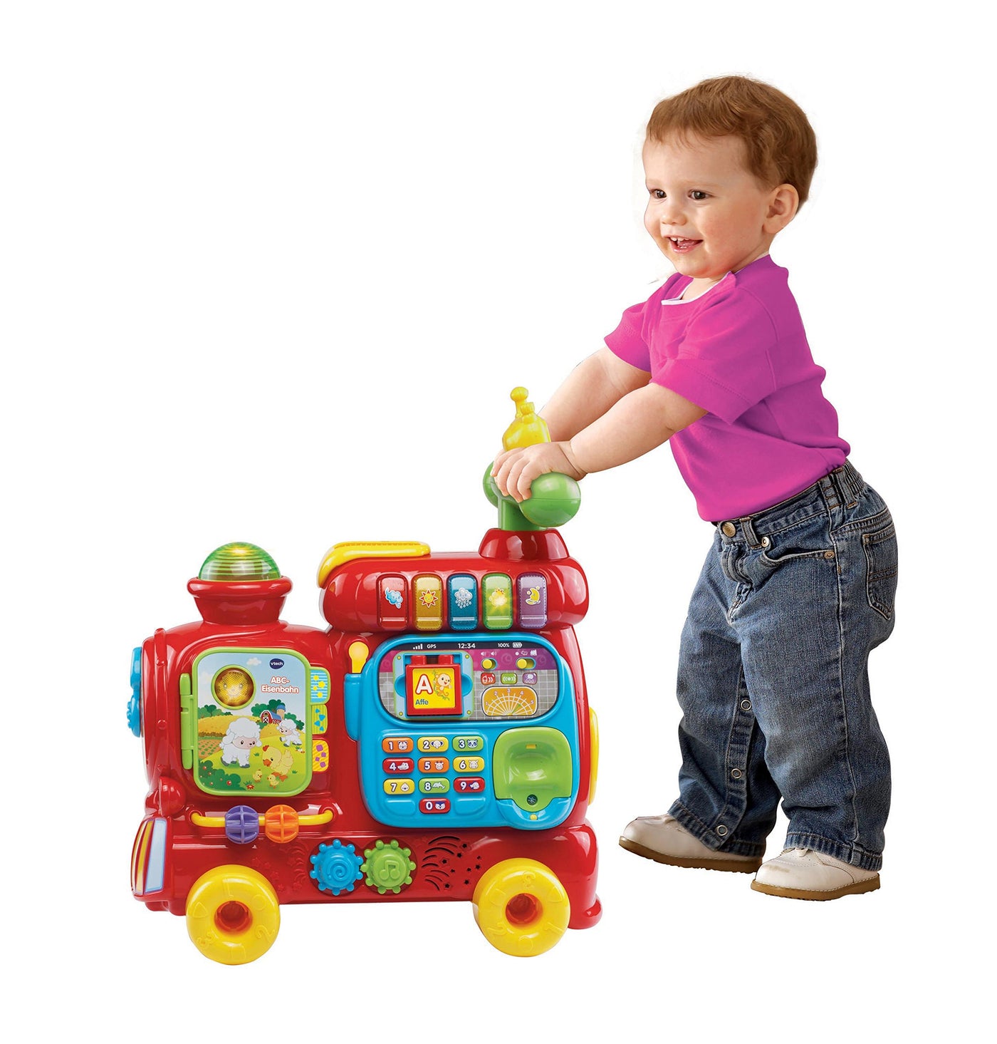 VTech Baby ABC-Eisenbahn – Rutschfahrzeug, Zieh- oder Laufwagen und Spielboard mit Zahlen, Buchstaben, Farben, Tieren und Musik – Für Kinder von 12-36 Monaten