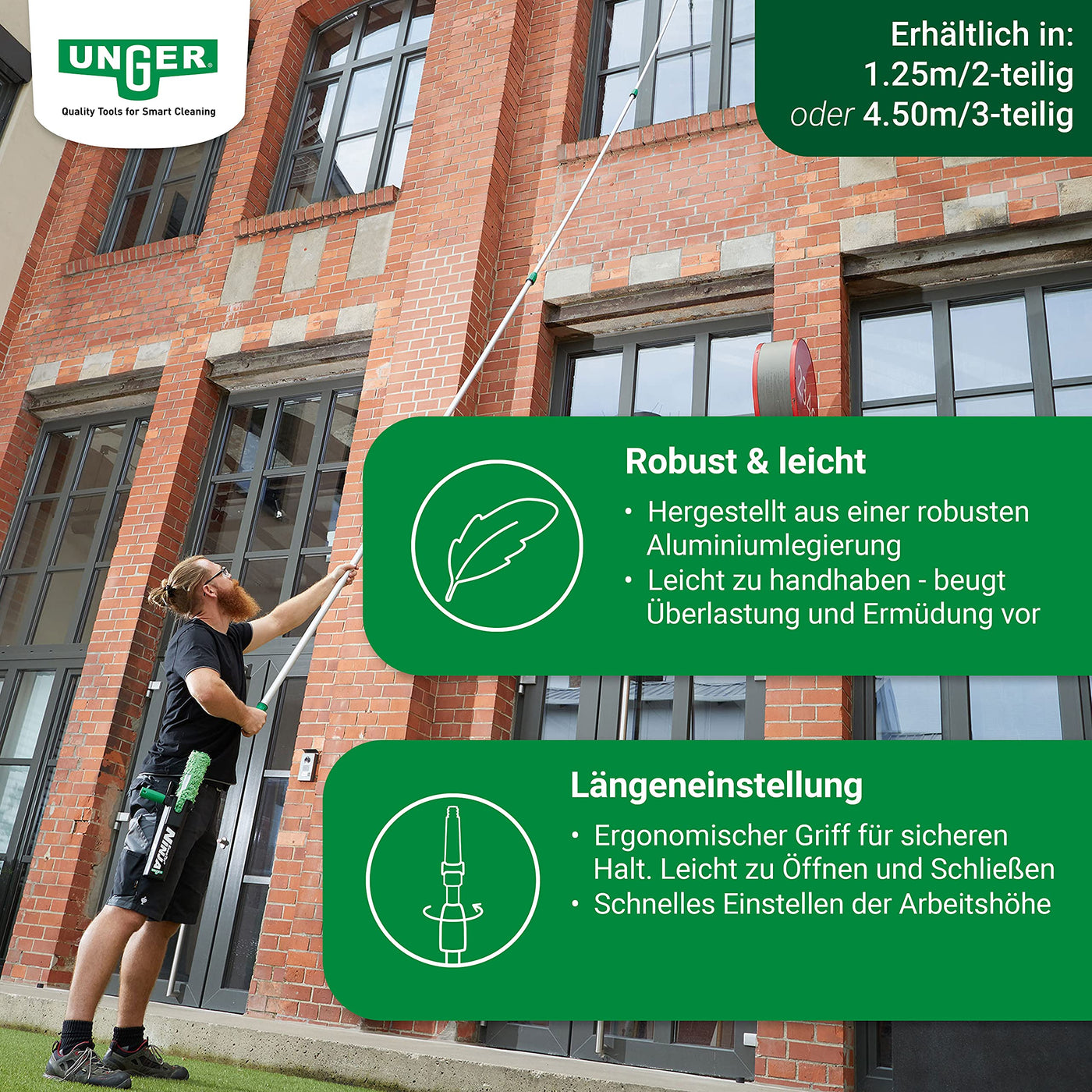 UNGER OptiLoc Teleskopstange 4,50 cm (kompatibel mit UNGER Fensterreinigungswerkzeugen, ergonomischer Griff, Anti-Rutsch-Endkappe, 2-Komponenten Drehverschluss) ED450