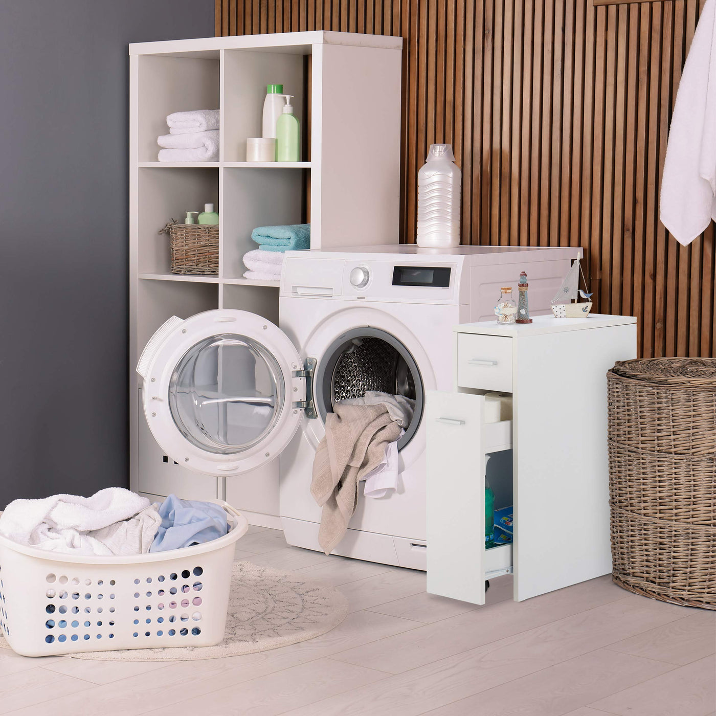 Relaxdays, weiß Nischenschrank, 2 Schubladen, für Bad, Küche, Wohnzimmer, platzsparendes Nischenregal, HBT 61,5x20x45 cm, 80% Faserplatte, 1 Stück