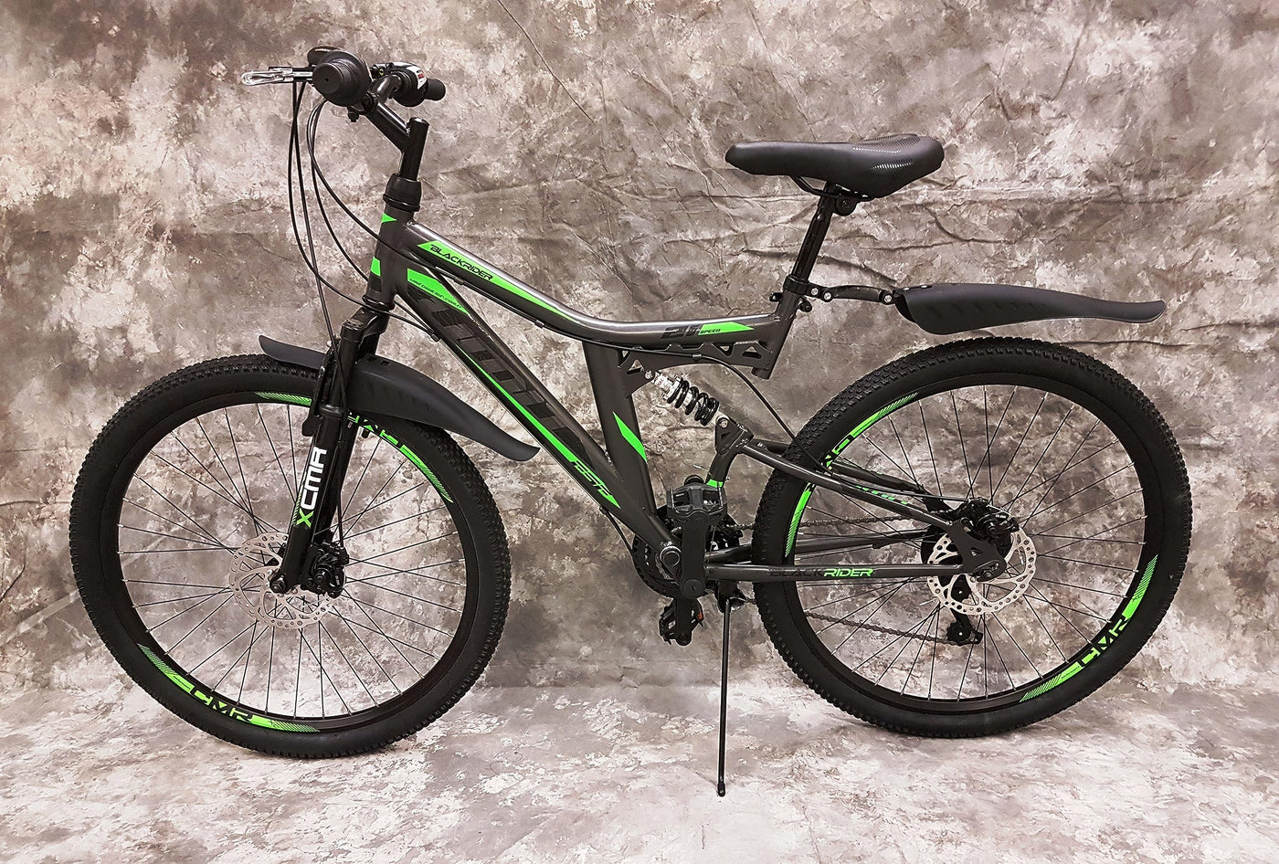 Generisch 26 Zoll MTB Blackrider Vollgefedert 21-Gang Kettenschaltung mit Scheibenbremsen NEU 2638-SCHWARZ-GRÜN Bitte BEACHTEN AB 155 cm KÖPERGRÖSSE GEEIGNET !!!!!!!