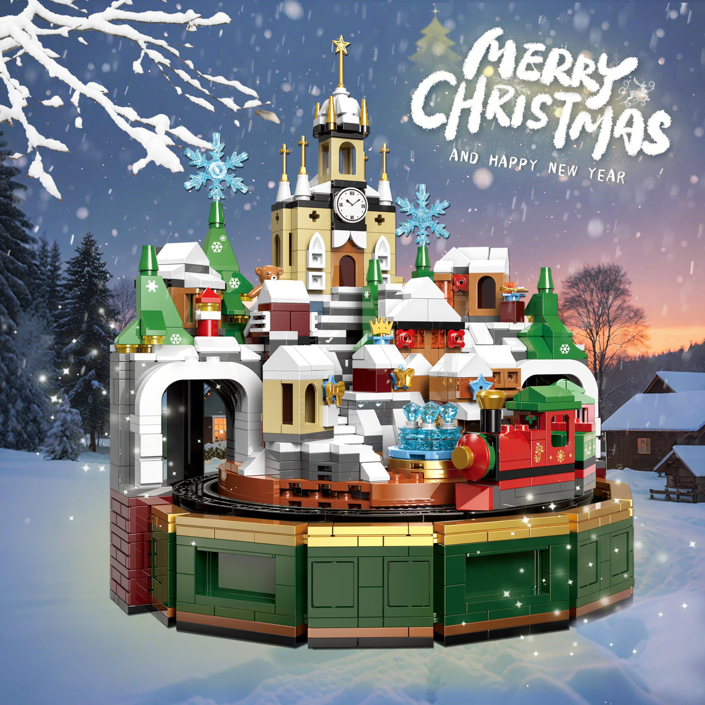 Charmofun Weihnachtsschloss Bausatz, Weihnachten Bauspielzeug Rotierbar mit Licht und Musik, Weihnachtsdorf Achterbahn Bausteine mit Weihnachtsbaum Zug für Erwachsene Kinder Jahren 8+