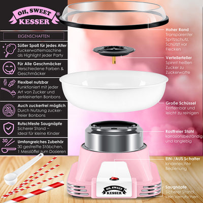 KESSER® Zuckerwattemaschine Set für Dein zuhause - Mit 30x Zuckerwatte Stäbchen & Messlöffel - Retro Cotton Candy Maschine - Zuckerwatte Maschine Mit Zubehör - Höhe 22 cm - 500 W Rosa Weiß