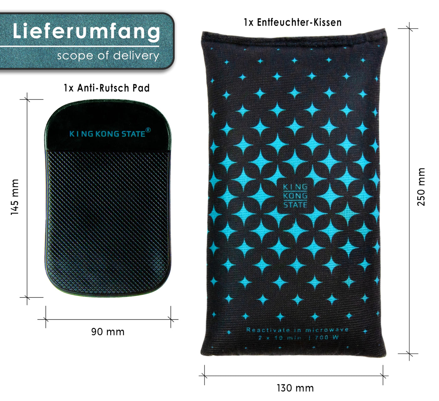 King Kong State Luftentfeuchter für Autos - Entfeuchter-Kissen 1 kg für beschlagene Autoscheiben - mit wiederverwendbarer Antibeschlag-Füllung und Anti-Rutsch-Pad, Dunkelgrau, Standard