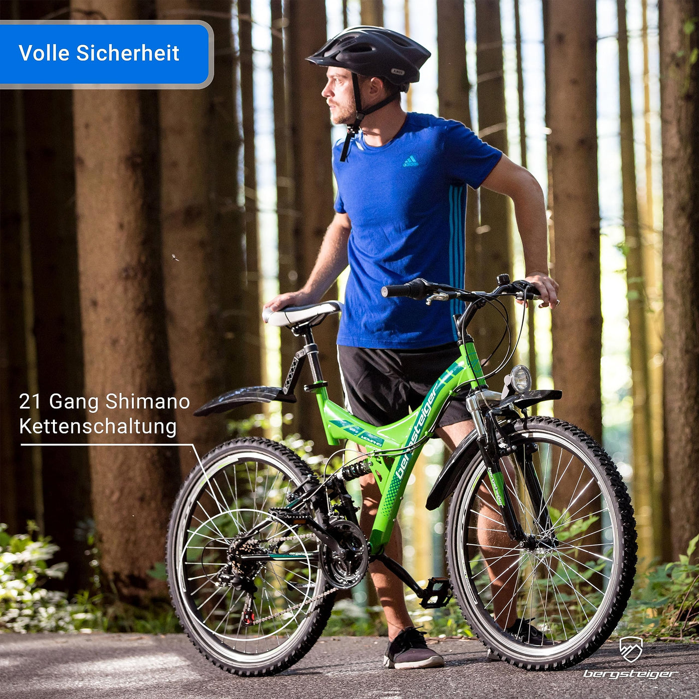 Bergsteiger Memphis 26 Zoll Mountainbike, geeignet ab 150 cm, Dynamo-Licht, StVZO, 21 Gang-Schaltung, Vollfederung, Jungen-Fahrrad & Herren-Fahrrad