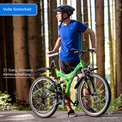Bergsteiger Memphis 26 Zoll Mountainbike, geeignet ab 150 cm, Dynamo-Licht, StVZO, 21 Gang-Schaltung, Vollfederung, Jungen-Fahrrad & Herren-Fahrrad