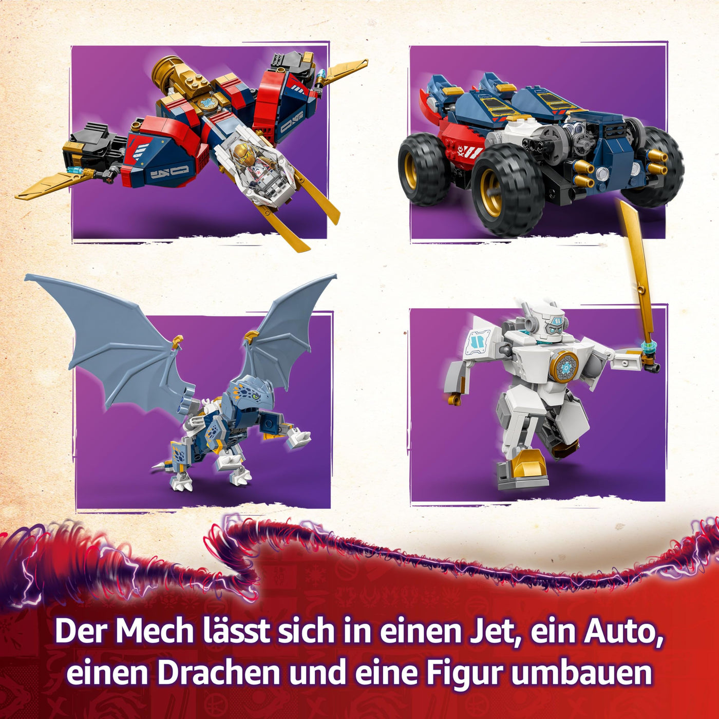 LEGO NINJAGO 4in1 Zanes Ultra-Kombi-Mech - Spielzeug mit Auto Modell - Umbaubar in einen Jet oder Drachen Figur - Inkl. 6 Minifiguren - Bauspielzeug für Jungen und Mädchen ab 9 Jahren 71834