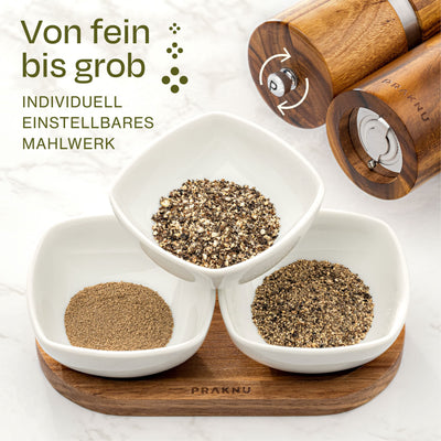Salz und Pfeffermühle aus Akazienholz mit Untersetzer - Nachhaltiges FSC® Holz - Langlebiges Keramikmahlwerk - Plastikfrei