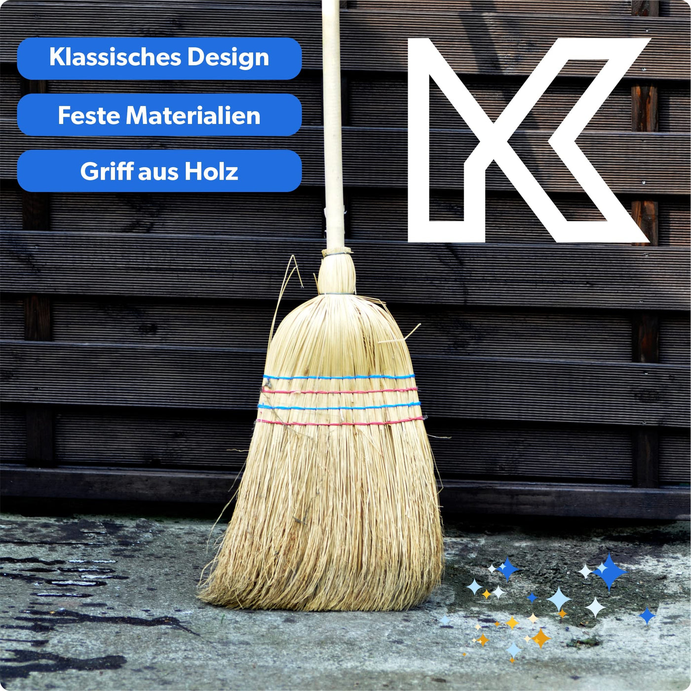 KADAX Reisstrohbesen, Reisigbesen, Besen mit langem Stiel aus Holz, funktionaler Strohbesen, Besen aus Sorgogras, Hexenbesen, Hofbesen aus Reisstroh (L: 140 cm)