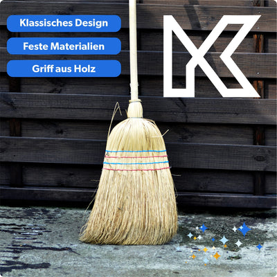 KADAX Reisstrohbesen, Reisigbesen, Besen mit langem Stiel aus Holz, funktionaler Strohbesen, Besen aus Sorgogras, Hexenbesen, Hofbesen aus Reisstroh (L: 140 cm)