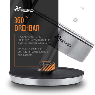 TRESKO Glas Wasserkocher 1,8L Edelstahl 2200W | Teekocher mit Teesieb und Kalkfilter | 100% BPA FREI | LED Innenbeleuchtung und Temperatureinstellung | Warmhaltefunktion