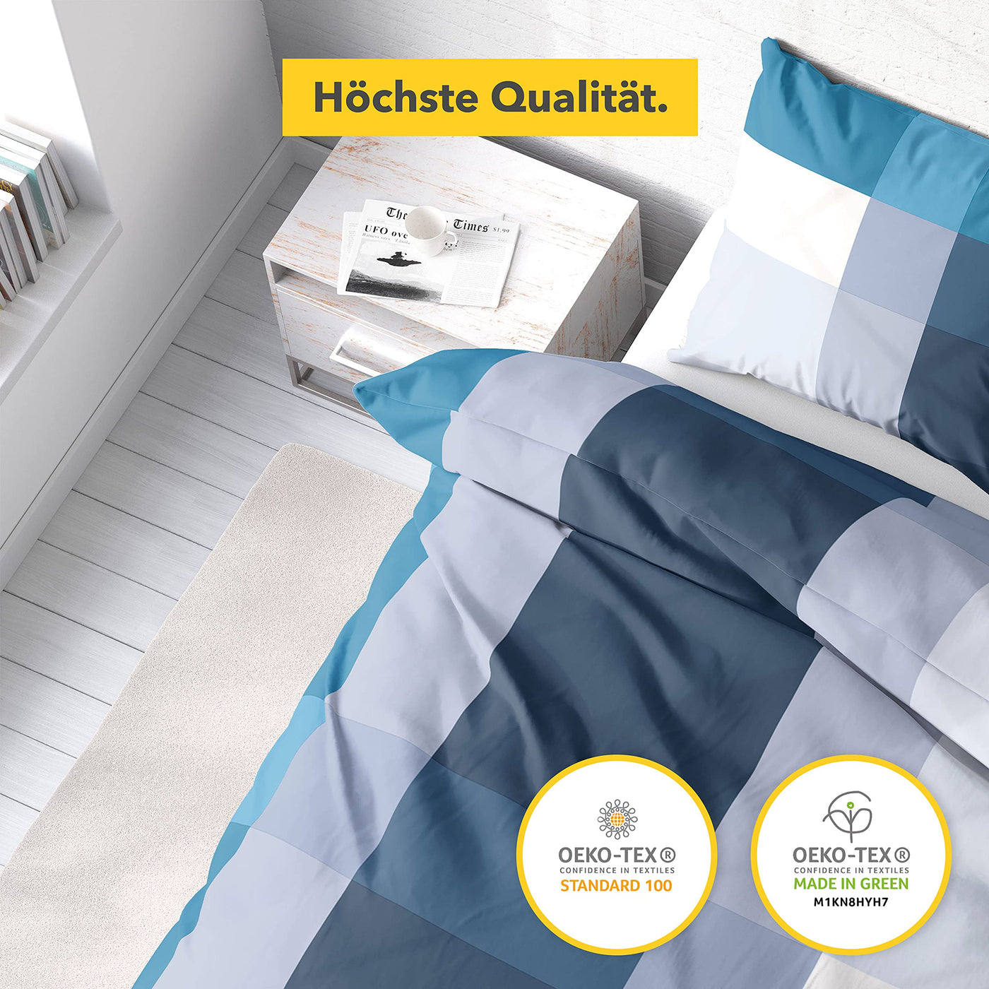 Träumschön Bettwäsche 155x 220 Biber Reißverschluss Blau | Bettwäsche-Set Blau Karo Design | Biber Bettwäsche 155x220 2tlg | Kuschelige Bettwäsche