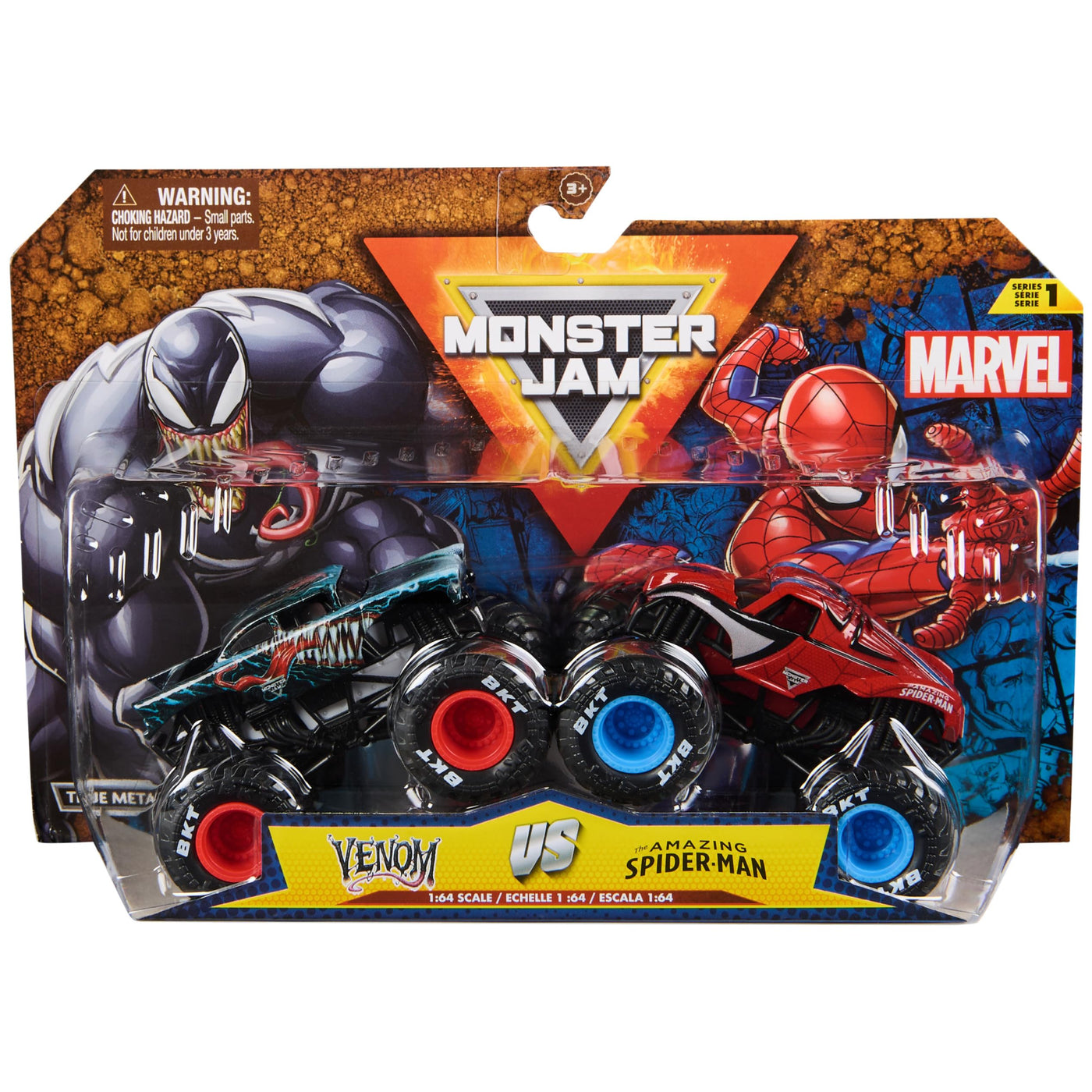 Monster Jam - Zweier-Pack Original Monster Trucks im Marvel Superhelden-Design, Venom vs. Spider-Man, Maßstab 1:64, ab 3 Jahren