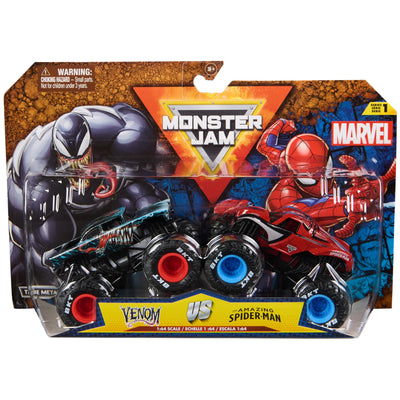 Monster Jam - Zweier-Pack Original Monster Trucks im Marvel Superhelden-Design, Venom vs. Spider-Man, Maßstab 1:64, ab 3 Jahren