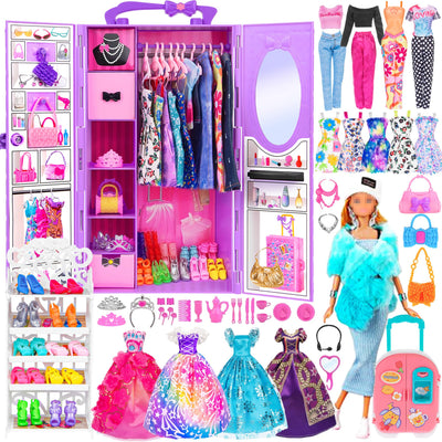 107pcs 11.5 Zoll Mädchen Puppe mit Kleidung Zubehör und Schrank, Gepäck, Schal mit Kleid, Prinzessin Kleider, Mode Kleider, Outfits, Schuhe... Puppe Dress Up Spielzeug für Mädchen (einschließen Puppe)
