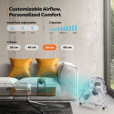 TRESKO AERSON Bodenventilator 50cm | Windmaschine mit 3-Leistungsstufen 120W | Standventilator | hoher Luftdurchsatz | robuste Metallausführung | Neigungswinkel ca. 110 Grad