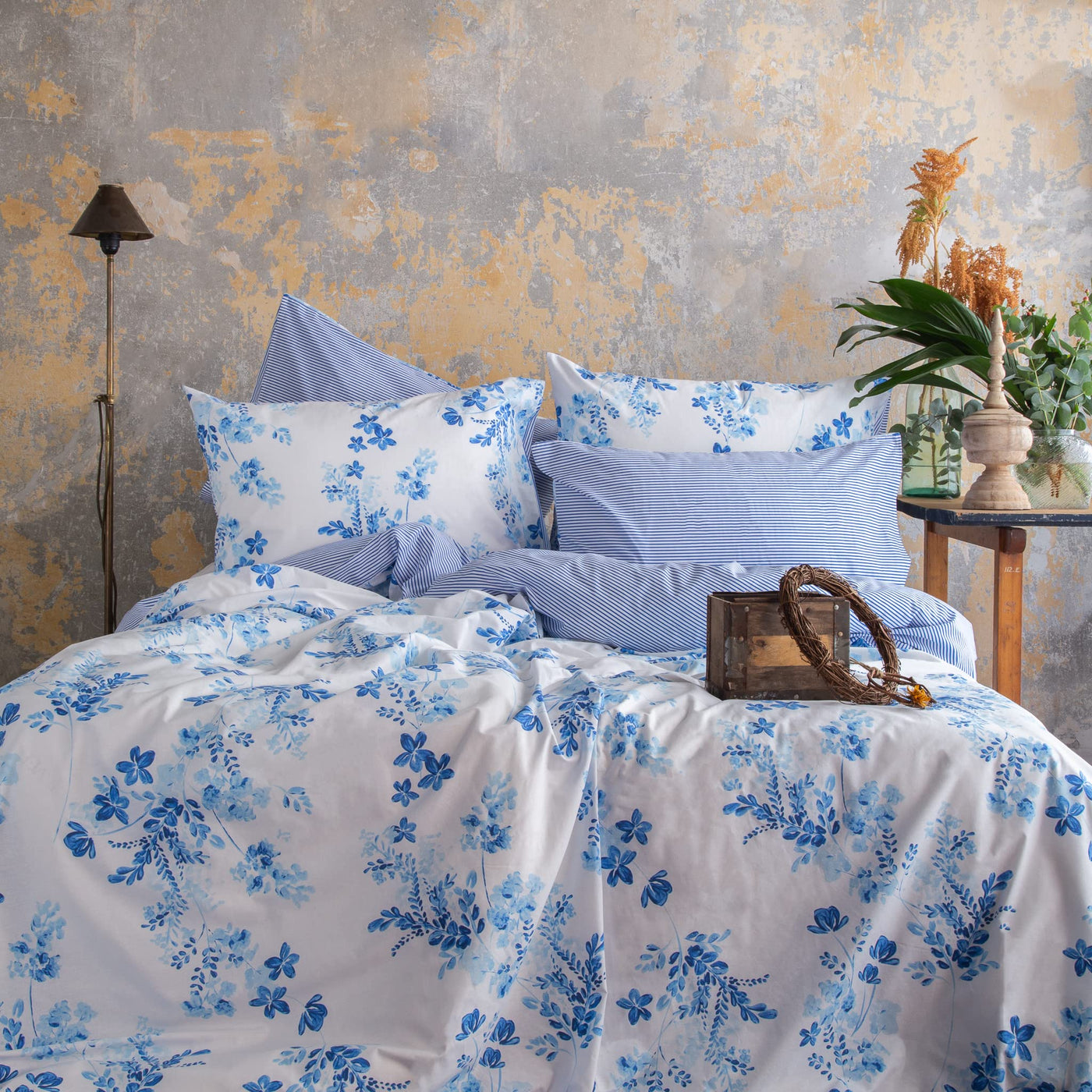 LERUUM Bettwäsche Set 140x200 Baumwolle Reversibel Streifen Blumen Blau Weiß Bettbezug (140 x 200 + 65 x 65 cm)