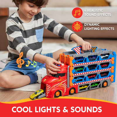 SYNCFUN Transport Renn Truck Spielzeugautos,riesiges Rennstrecken Truck Spielzeug,faltbares Set mit 12 Metallautos,Lichtern und Geräuschen,Geschenk für 3,4,5,6 und 7jährige Jungen und Mädchen