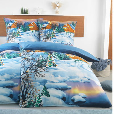 BaSaTex Warme Winter Flausch Bettwäsche 135x200 2tlg Set | 100% Mikrofaser Thermo Fleece | Weihnachtliche Winterlandschaft | Design: 01 - Winterland Nacht