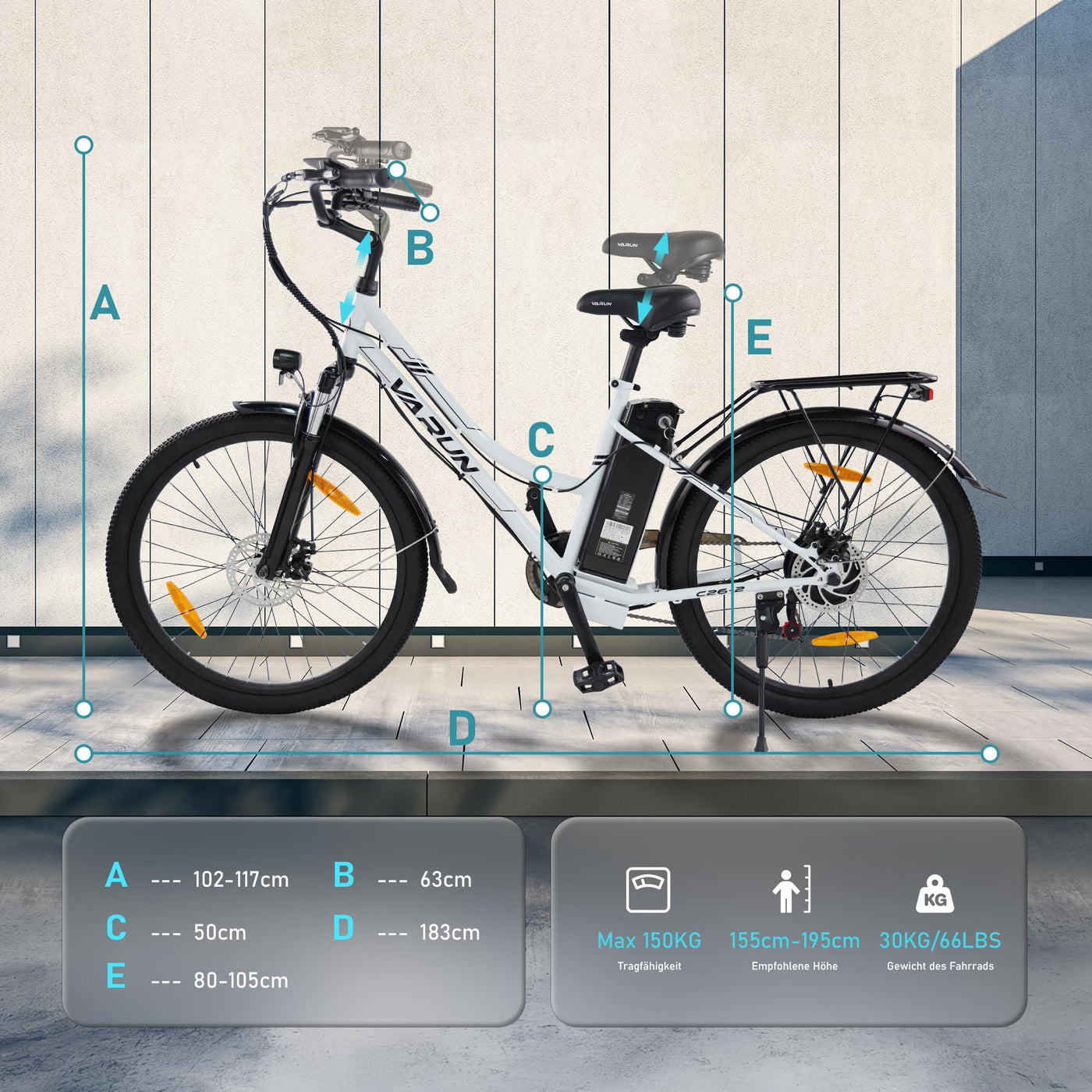 VARUN E-Bike, 26" Elektrofahrrad Damen Herren, Trekking Pedelec mit 48V Lithium Akku, 250W 55NM Motor, E-Fahrrad mit 5 Modi, 7-Gang, LCD-Display, Cruise Citybike Electric Bike bis zu 80KM