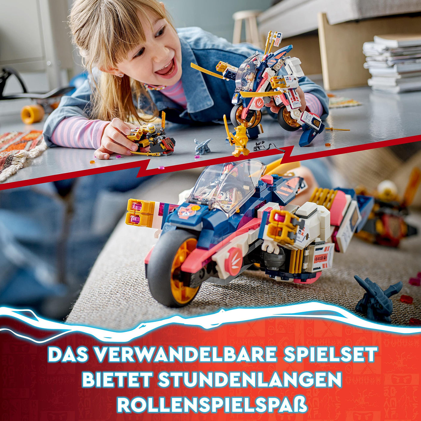 LEGO 71792 NINJAGO Soras transformierender Mech-Bike-Renner, 2in1 Set mit transformierender Mech-Actionfigur, Motorrad-Spielzeug Set mit 3 Minifiguren für Kinder, Jungen und Mädchen