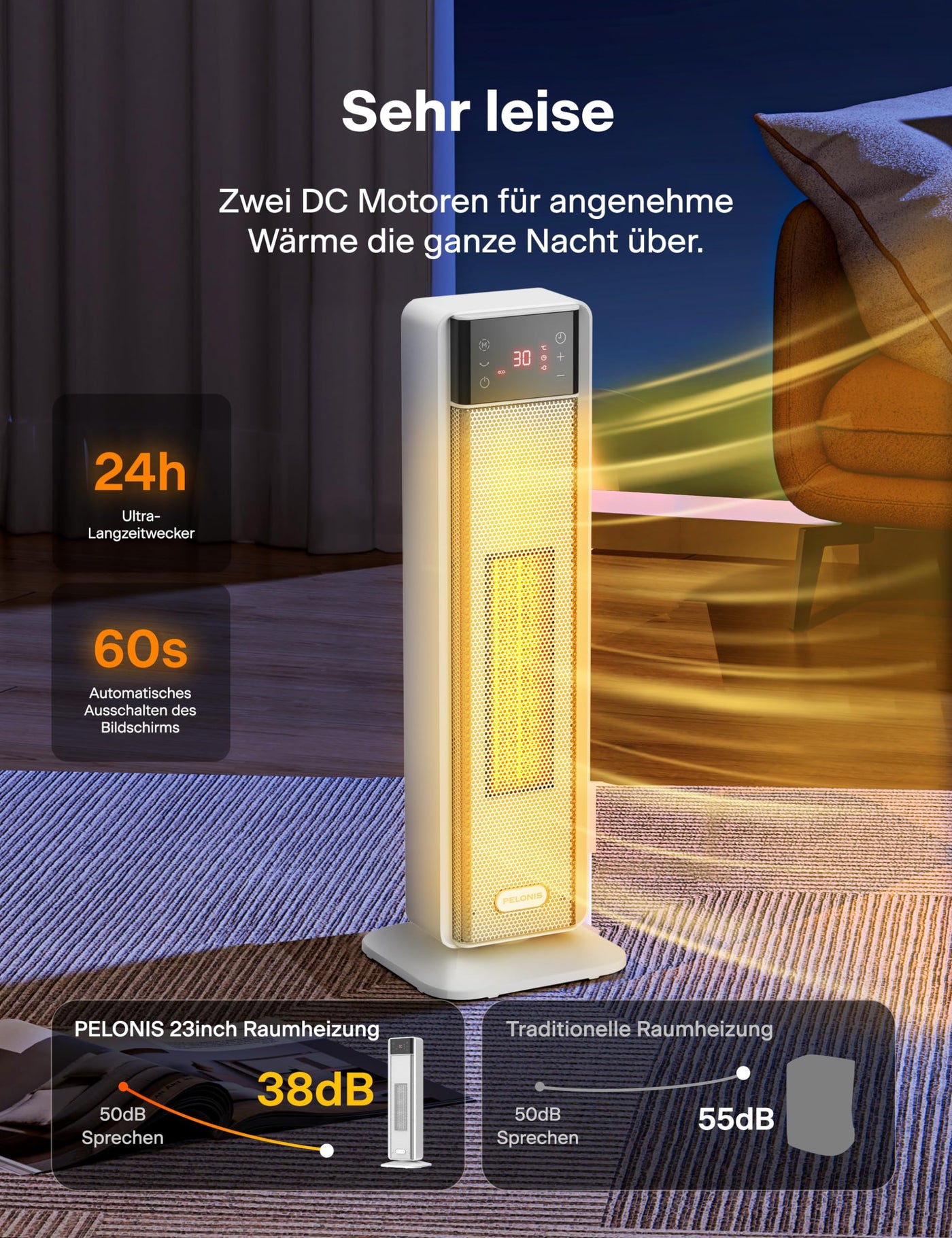 PELONIS Heizlüfter Energiesparend 2000W, Leise Keramik Heizlüfter mit Fernbedienung & Thermostat, 75° Oszillation & 24 Std. Timer, Elektrischer Heizlüfter für Schlafzimmer, Elektroheizung Heater 58CM
