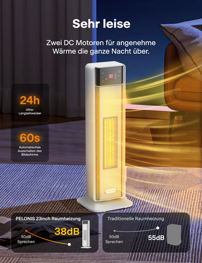 PELONIS Heizlüfter Energiesparend 2000W, Leise Keramik Heizlüfter mit Fernbedienung & Thermostat, 75° Oszillation & 24 Std. Timer, Elektrischer Heizlüfter für Schlafzimmer, Elektroheizung Heater 58CM