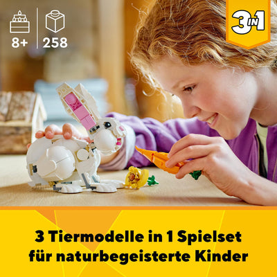 LEGO 31133 Creator 3in1 Weißer Hase Tierspielzeug Set mit Hasen-, Robben- und Papageienfiguren, Baustein-Konstruktionsspielzeug für Kinder ab 8 Jahren
