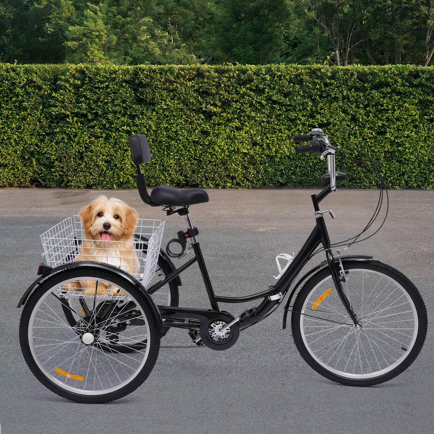 Begoniape 24 Zoll 7 Gang Dreirad für Erwachsene Senioren, Schwarz Dreirad 3 Rad Fahrräder aus Kohlenstoffstahl, Erwachsenendreirad mit Wasserbecherhalter, Korb 3 Räder Fahrrad und LED Licht