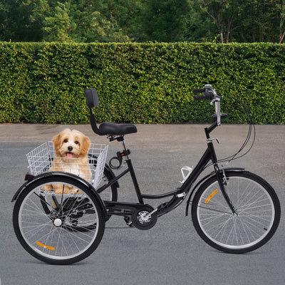 Begoniape 24 Zoll 7 Gang Dreirad für Erwachsene Senioren, Schwarz Dreirad 3 Rad Fahrräder aus Kohlenstoffstahl, Erwachsenendreirad mit Wasserbecherhalter, Korb 3 Räder Fahrrad und LED Licht