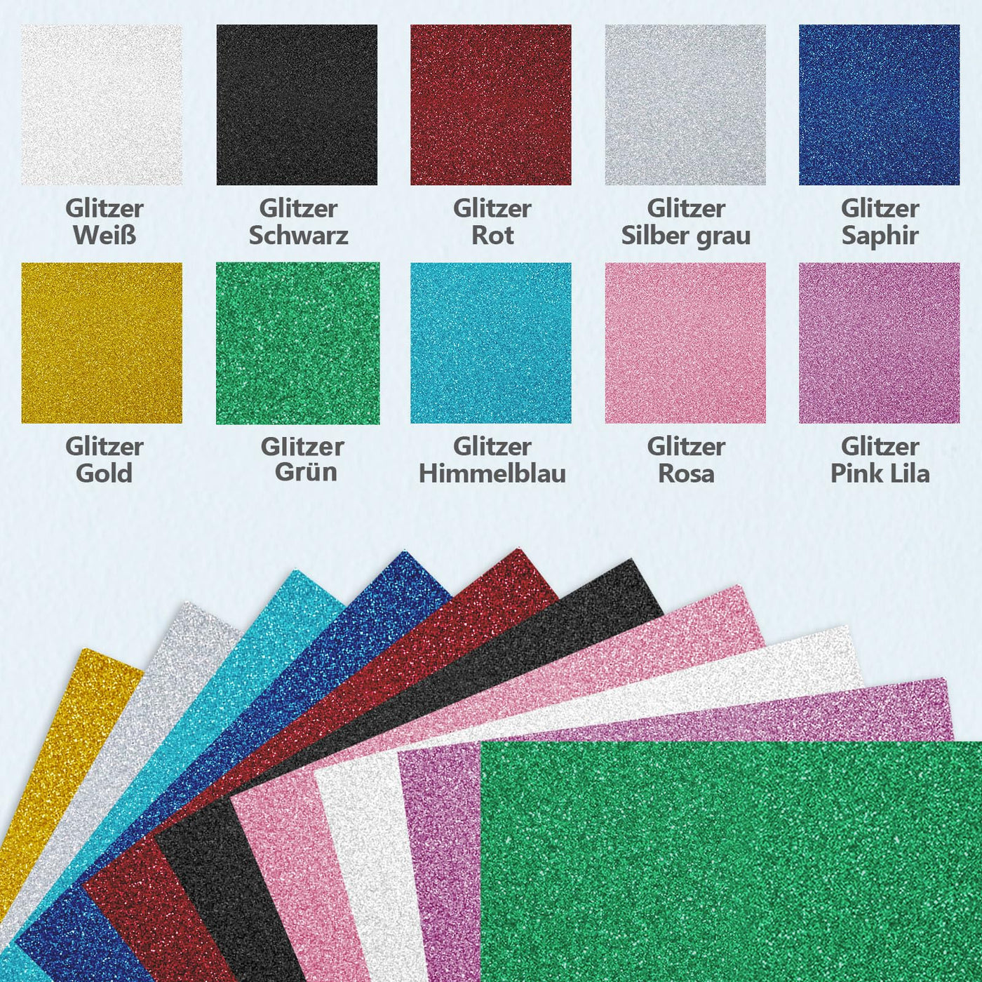 NANAPLUMS Glitzer Plotterfolie Textil - Heat Transfer Vinyl 30.5 cm*25.4 cm Transferfolie Plotter Flexfolie für Textilien Transferfolie zum Aufbügeln für DIY T-Shirt, Stoffe(10 Farben Glitzer)