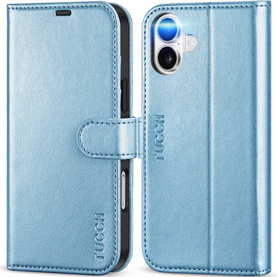 TUCCH Hülle für iPhone 16 Plus 5G Handyhülle [RFID Blocker] Stoßfest [Magnet Verschluss] [Kartenfach] TPU Flip Klappbar Schutzhülle Kompatibel mit iPhone 16 Plus 2024 (6,7 Zoll), Blau Glitzer