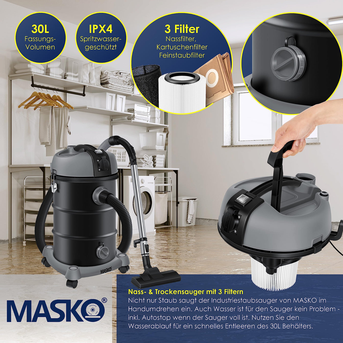 MASKO® Industriestaubsauger Staubsauger Nass Trocken Sauger Edelstahl 2300W + Steckdose | Blasfunktion | Trocken-Saugen & Nass-Saugen | Push&Clean | Industrie-Sauger mit & ohne Beutel | beutellos