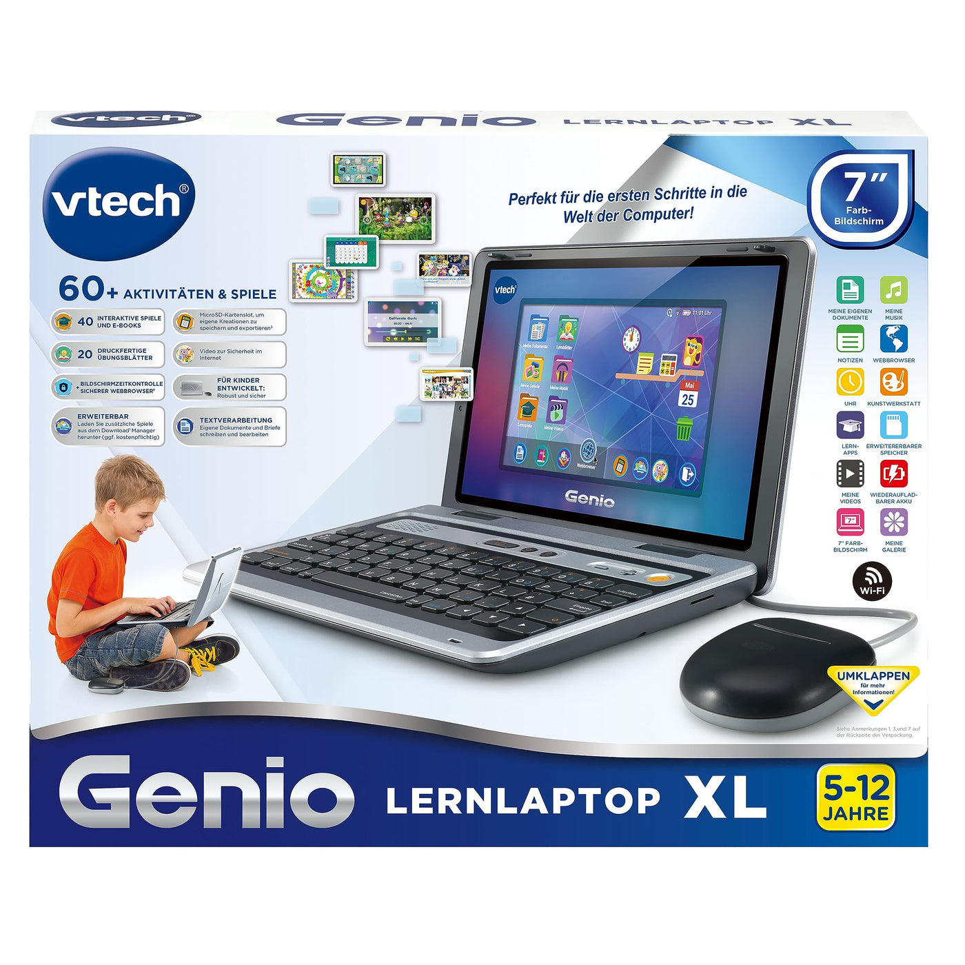 Vtech Genio Lernlaptop XL – Lerncomputer mit großen 7"-LCD-Bildschirm mit Internetzugang, Textprogramm und vielen Lerninhalten – Für Kinder von 5-12 Jahren