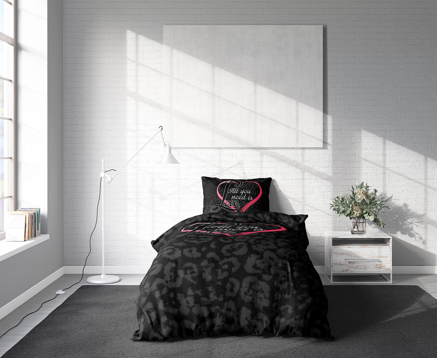 Leonado Vicenti Partner Bettwäsche 135x200 4 teilig Microfaser Schwarz mit Herz in Pink und Love Fotodruck mit Reißverschluss