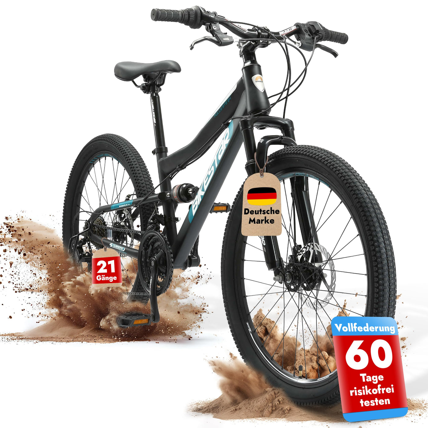 BIKESTAR Kinder Fahrrad Fully Mountainbike 21 Gang Shimano, Scheibenbremse ab 8 Jahre | 24 Zoll Kinderrad MTB | Schwarz