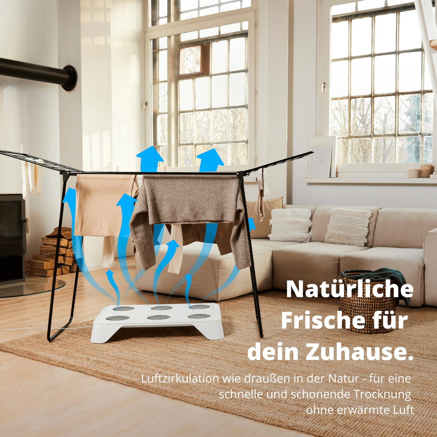 HEYDRY Wäschetrockner Wäscheständer - Made in Germany - schneller trockene Wäsche - platzsparend energiesparend klein - für jede Wäsche - Trockner Ventilator Lüfter - weiß