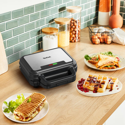 Tefal Ultracompact 3-in-1 Sandwich-Waffel-Panini Kombigerät, Antihaftbeschichtung, wärmeisolierter Griff, Edelstahl/Schwarz, SW383D10