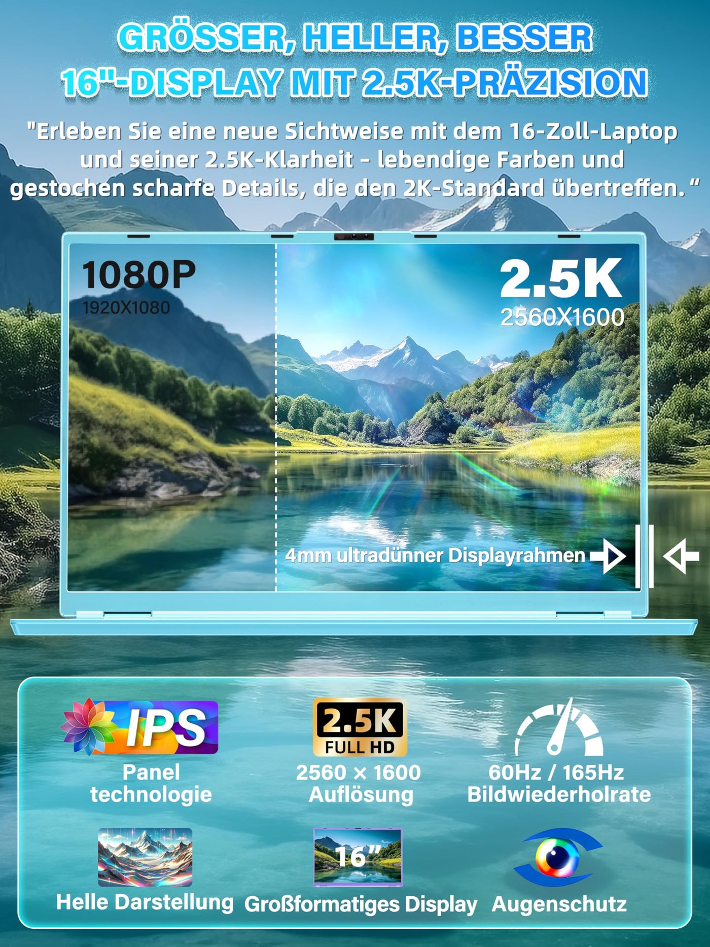 Fsjun 16" Laptop Notebook Blau, N95 bis 3,4 GHz, 16GB RAM 1TB SSD, 2.5K QHD IPS 2560×1600 Screen, 7-farbige beleuchtete Tastatur, Face Unlock, USB-C/HDMI/WiFi/BT, DE Tastaturschutz