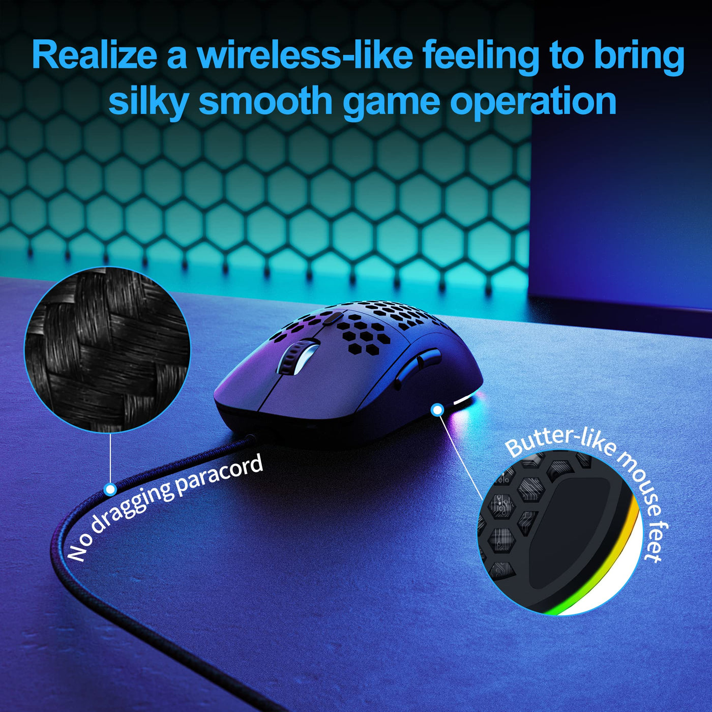 TMKB M1se Gaming Maus mit 12800 DPI Optischer Sensor,6 Programmierbare Tasten Wabenmaus,Anpassbares RGB Computer Mouse,Schleppfreies Paracord,Ergonomische für Windows PC MAC-Schwarz